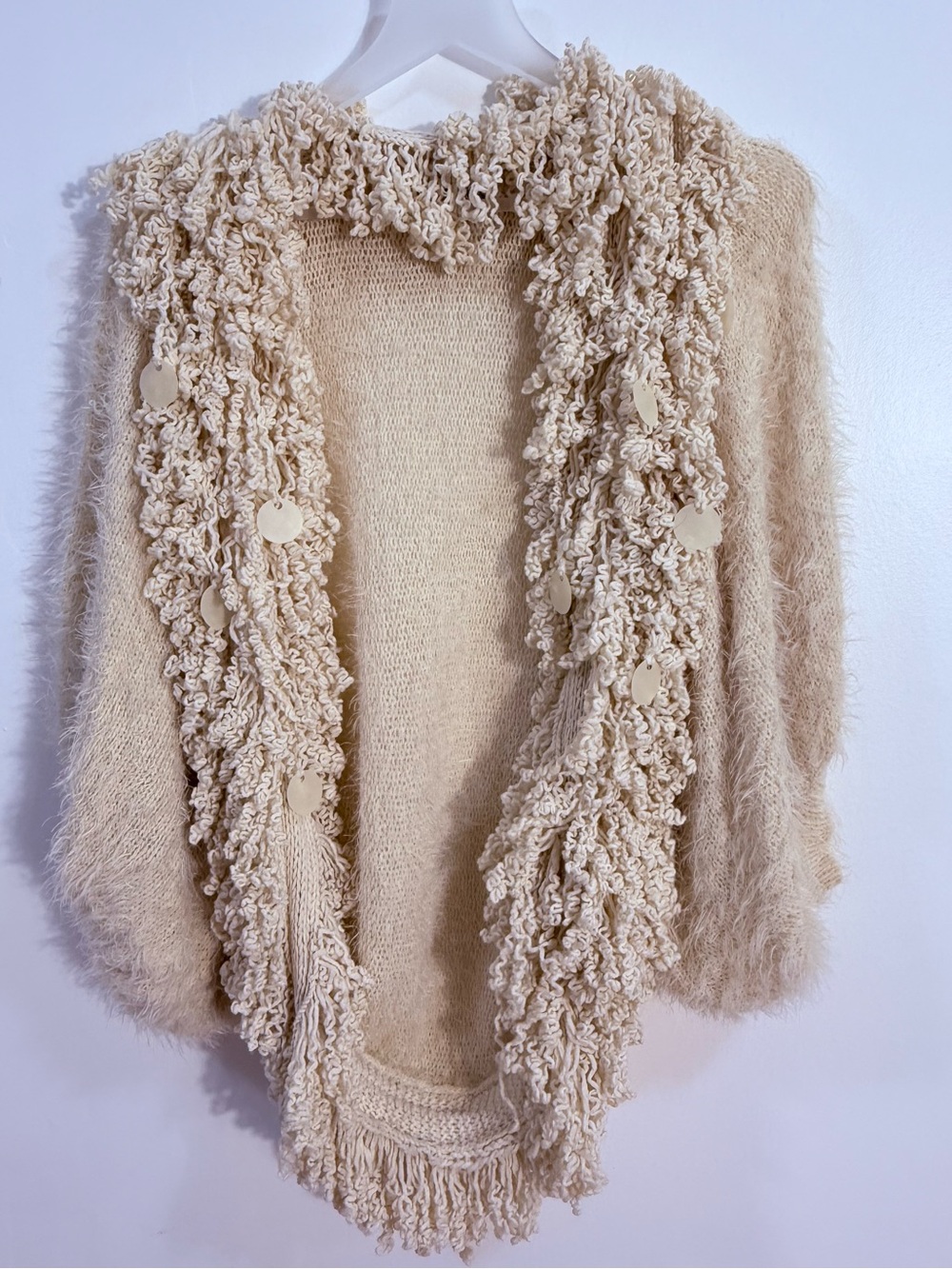 Ryu $165 Anthropologie Cream Fringe Cardigan with Sequin Discs brand new